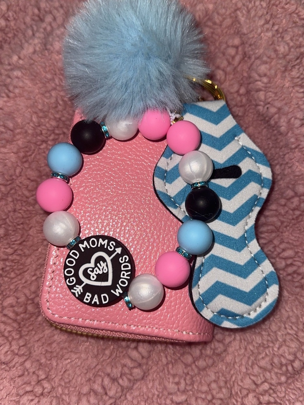 Beaded Pom Keychain Wristlet - Pink, Blue, White